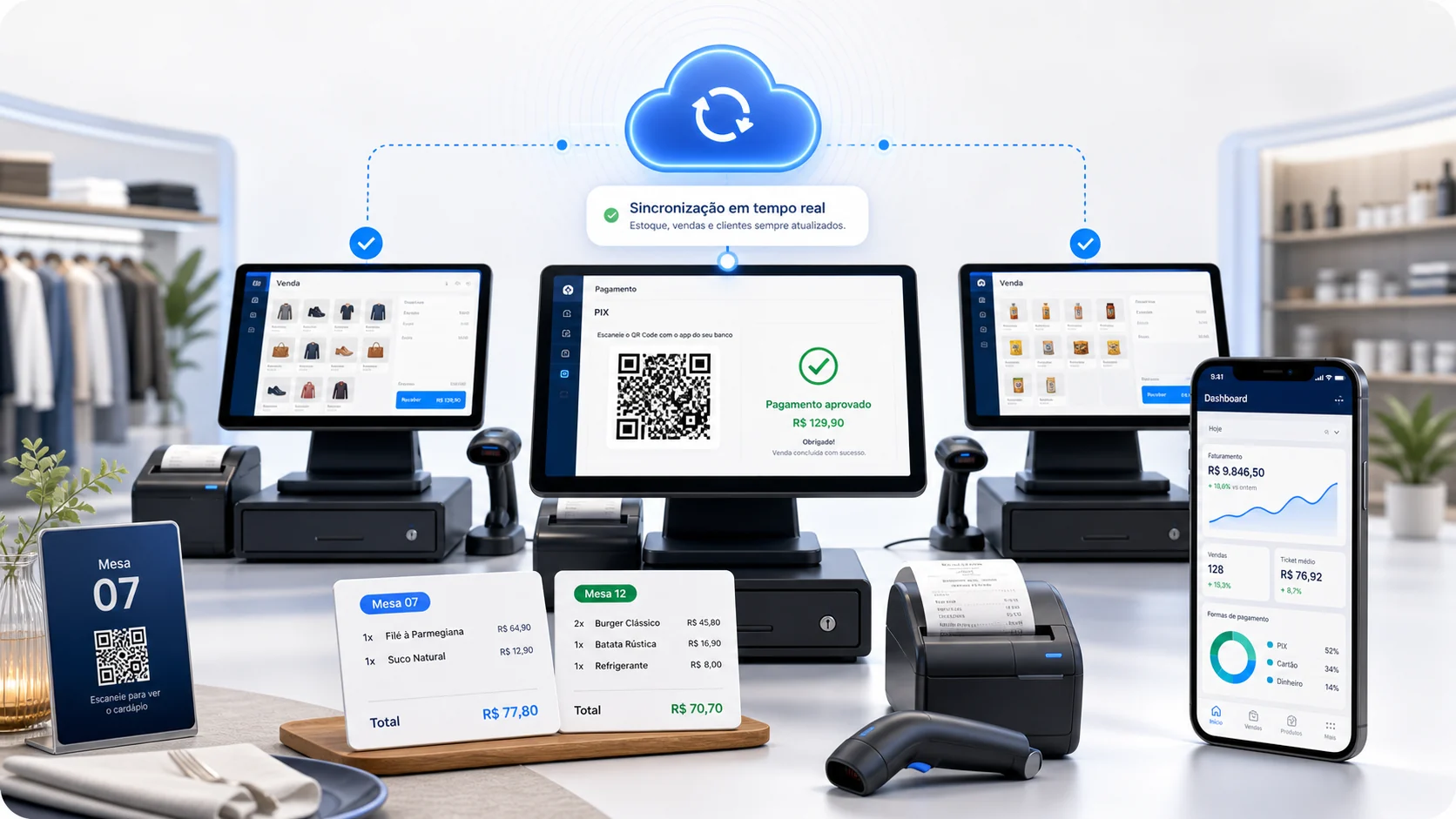 Três caixas sincronizados, Pix com QR Code, mesas e gestão pelo celular