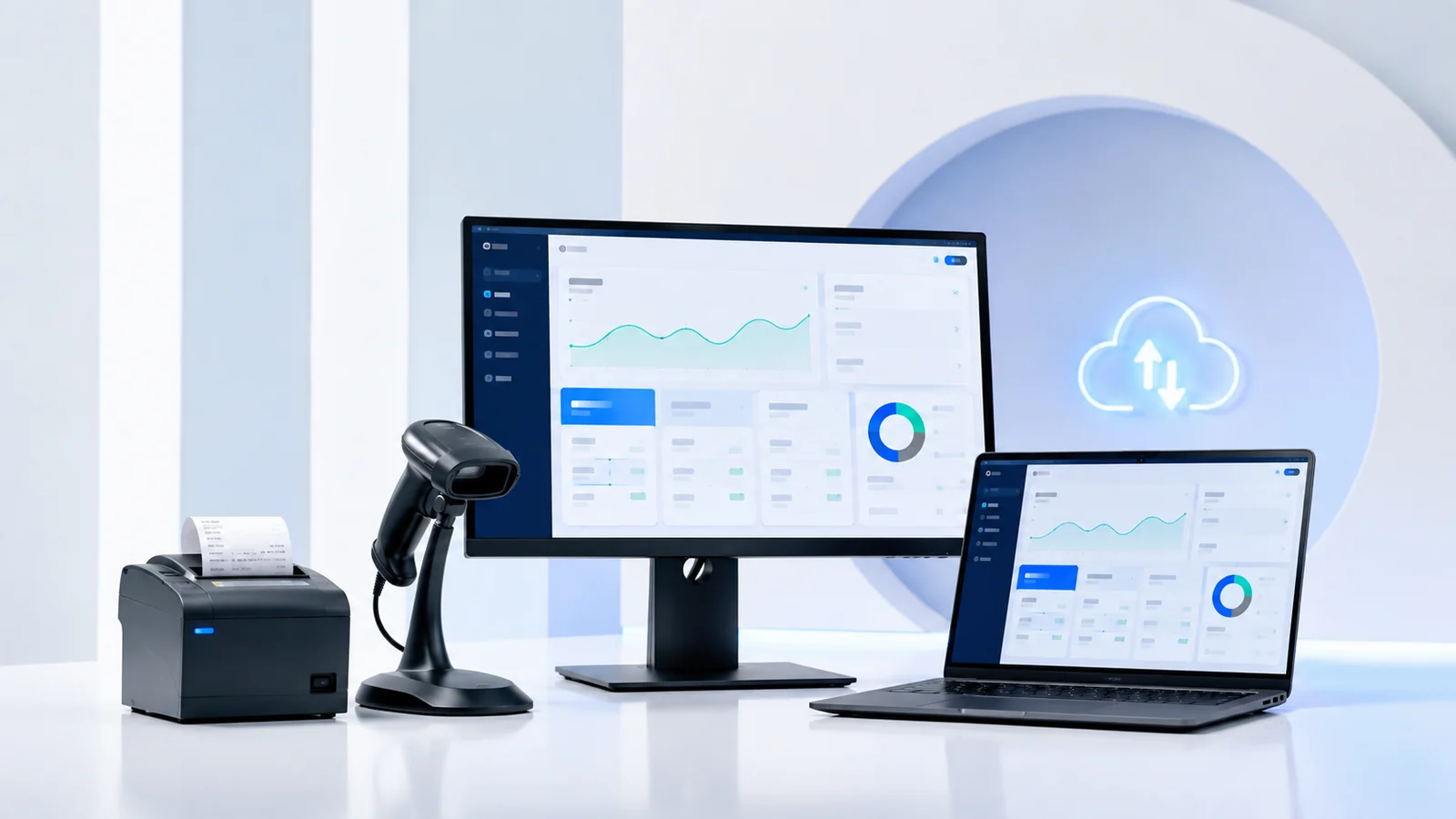 Computador e notebook com MeuPDVOnline, leitor de código de barras e impressora térmica