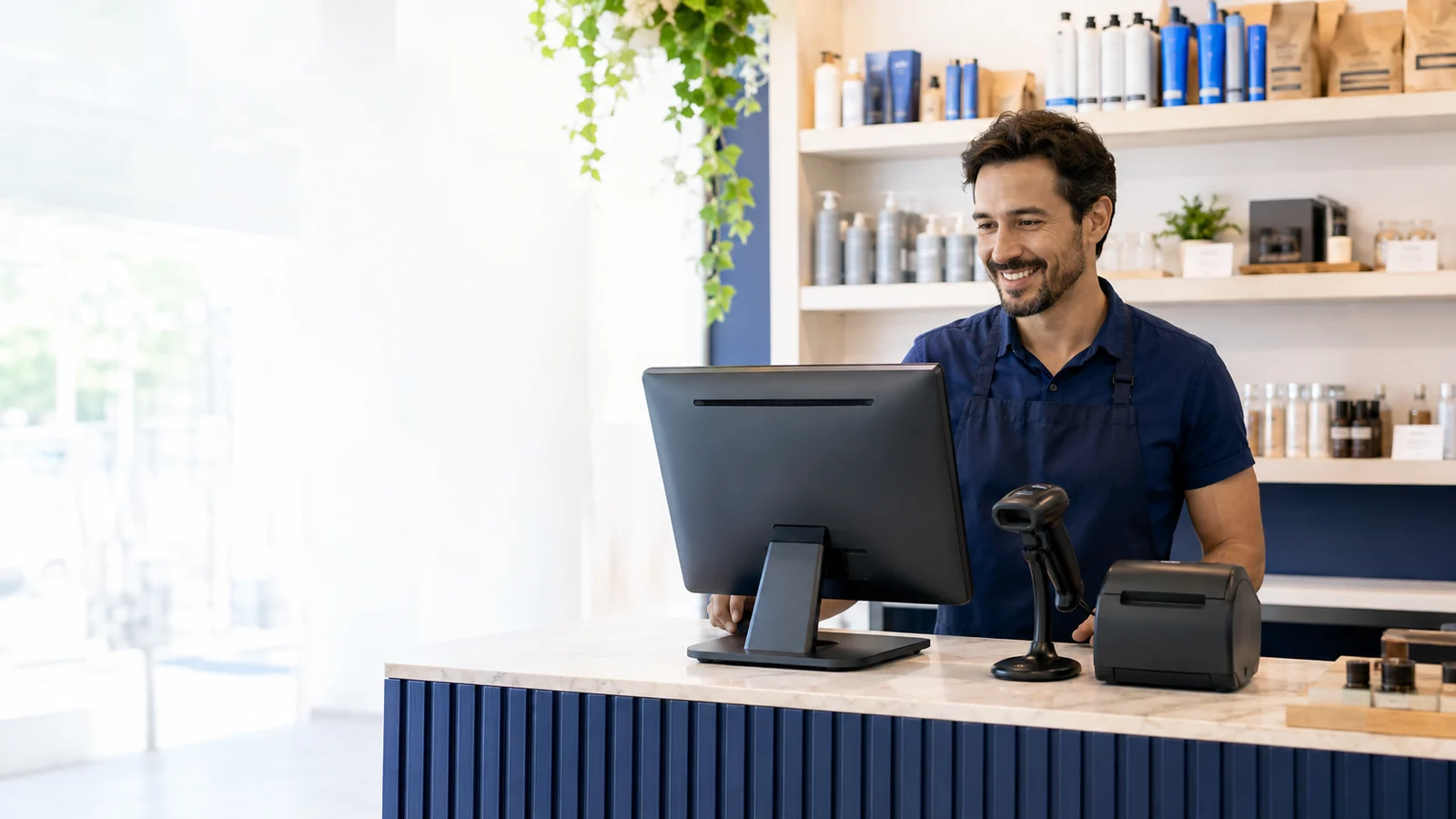 Comerciante utilizando o MeuPDVOnline em um caixa com leitor e impressora