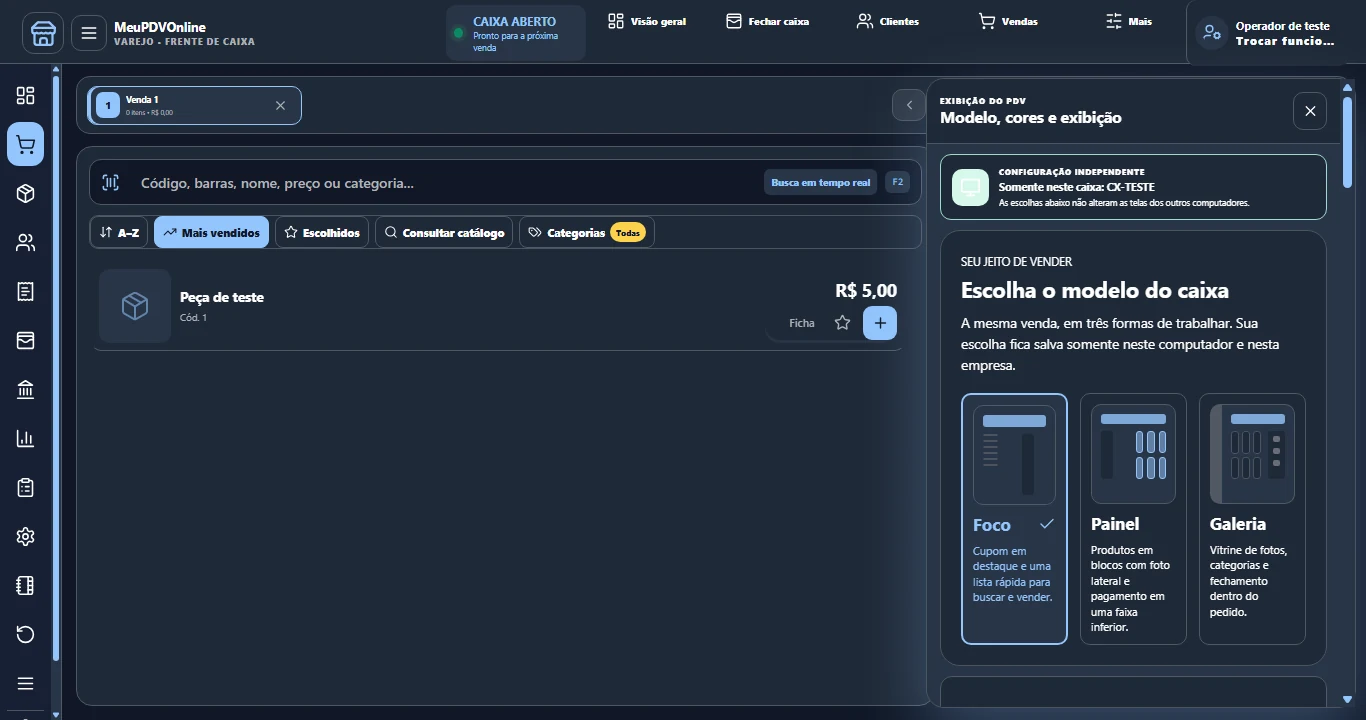 Aparência do caixa no MeuPDVOnline 2.0.489, com dados de demonstração
