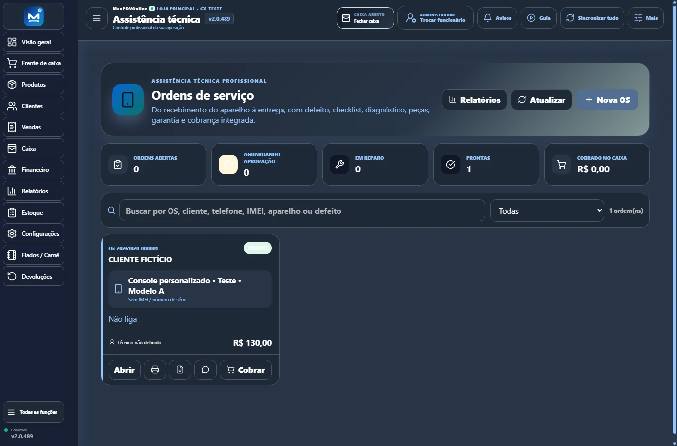 Assistência técnica no MeuPDVOnline 2.0.489, com dados de demonstração