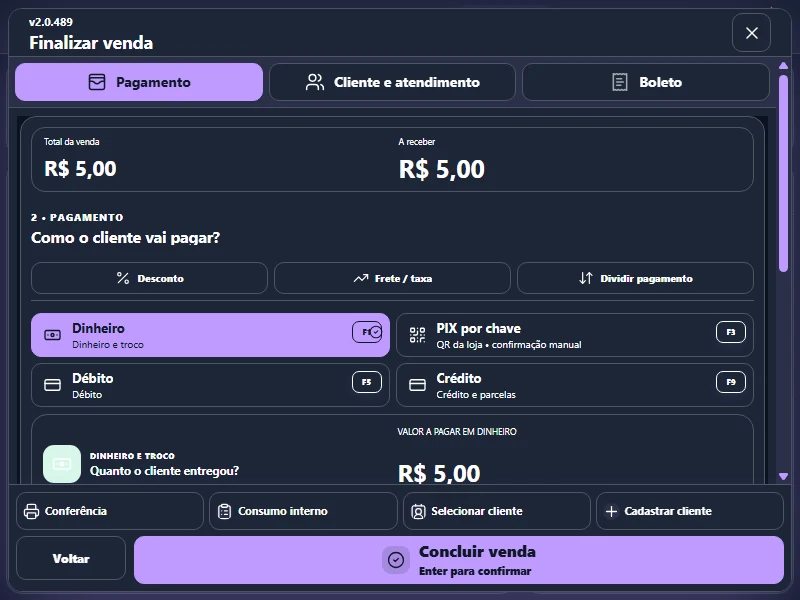 Checkout no MeuPDVOnline 2.0.489, com dados de demonstração