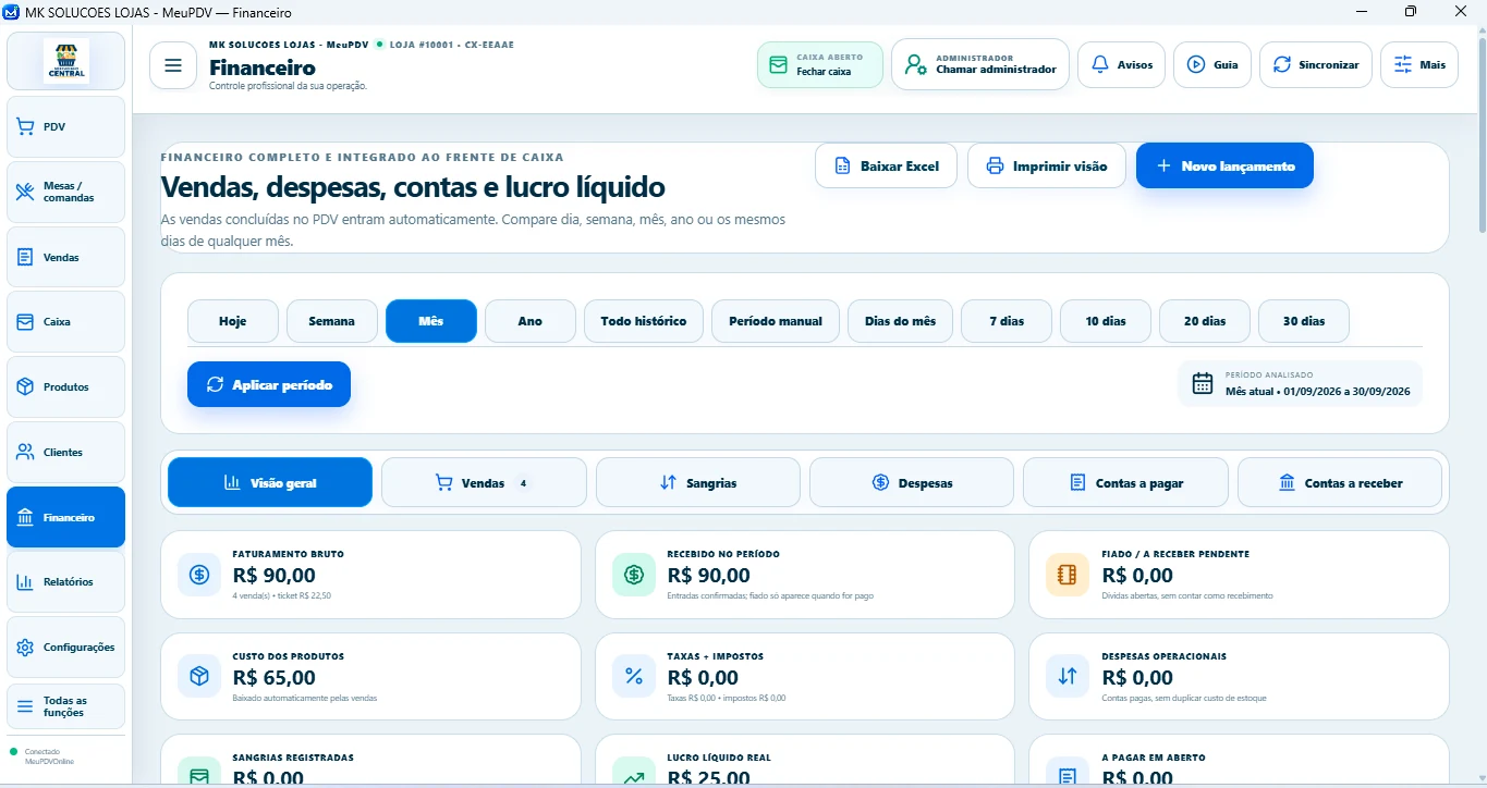 Financeiro real do MeuPDVOnline com vendas, despesas e lucro