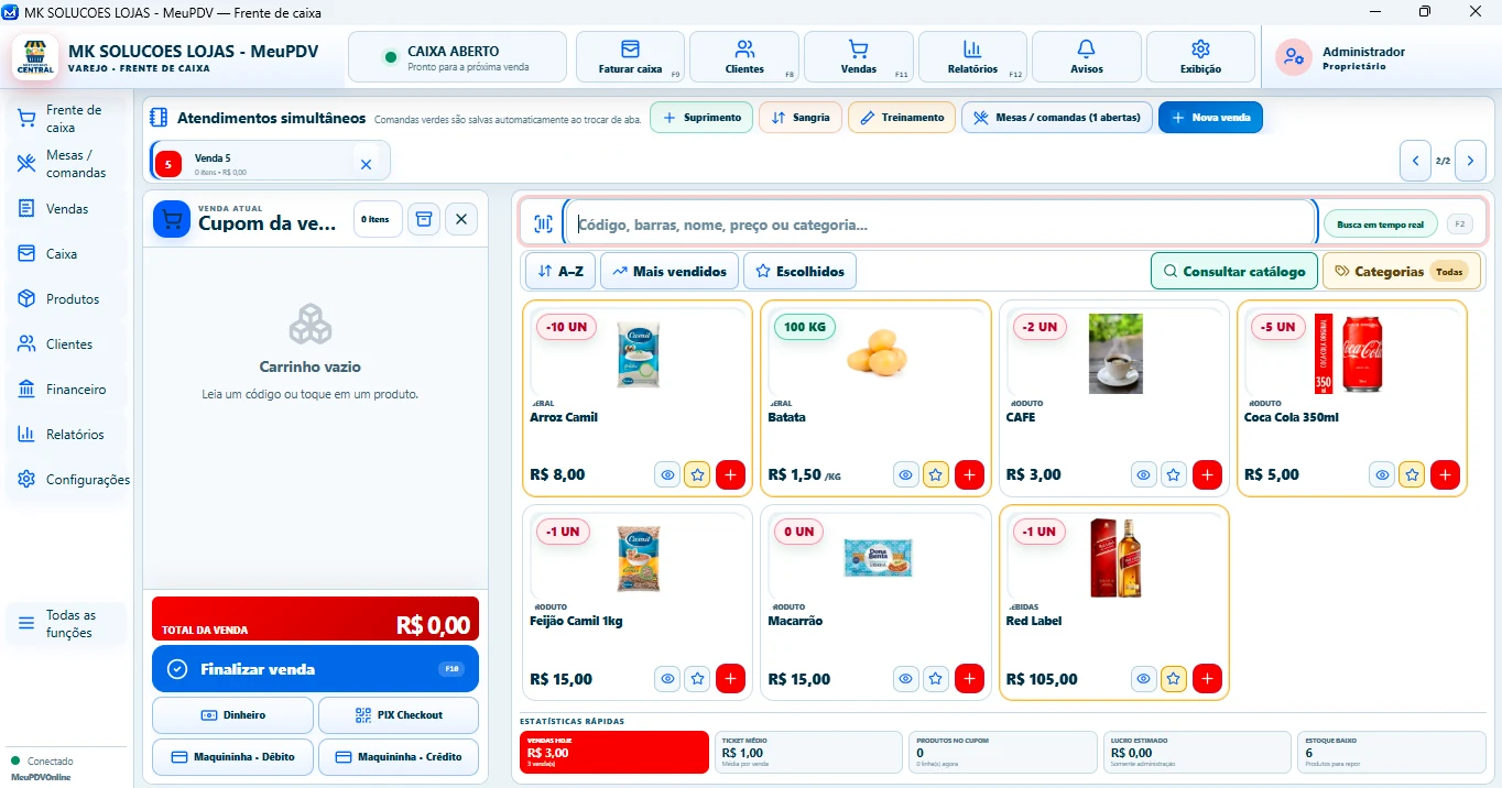 Frente de caixa real do MeuPDVOnline com produtos, carrinho e pagamentos