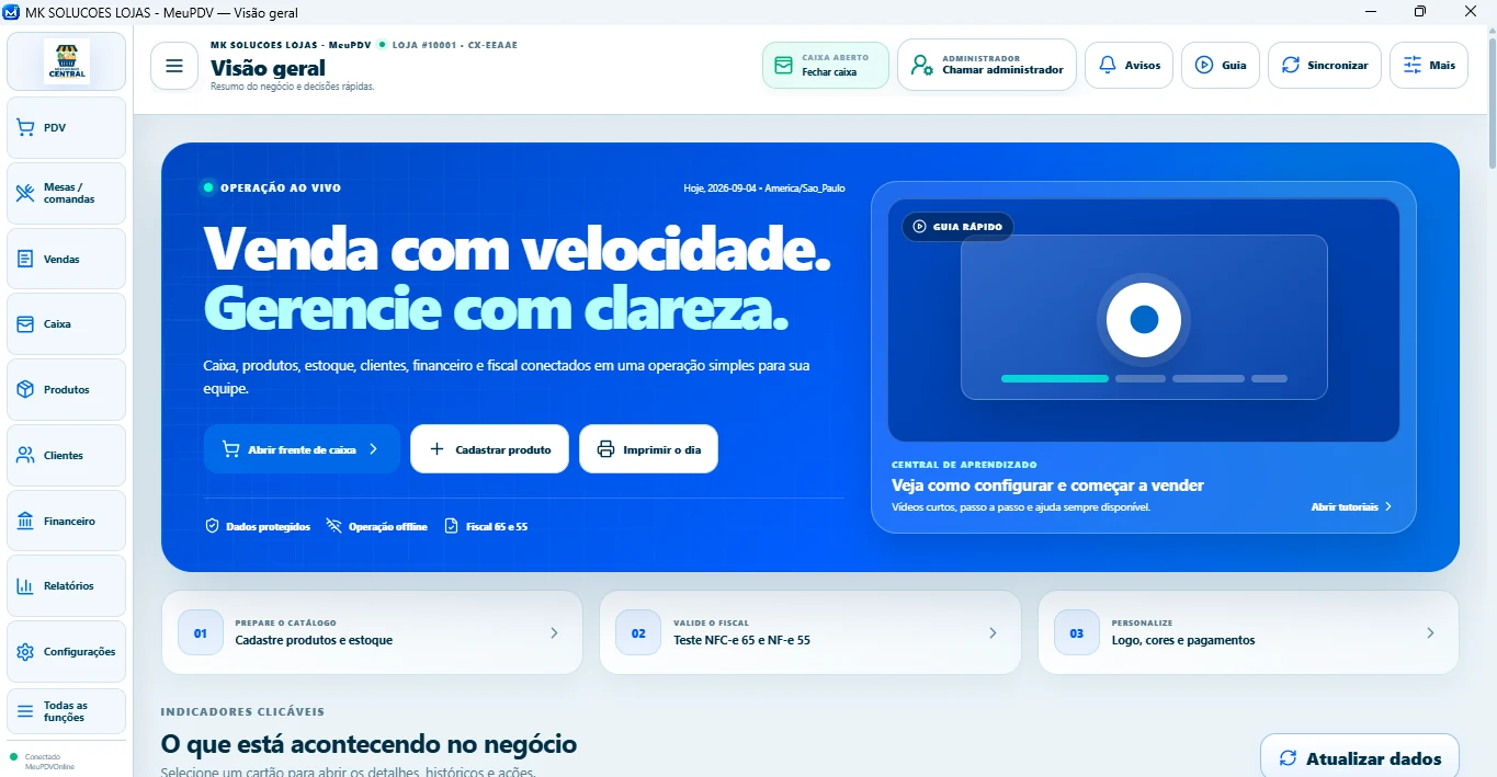 Visão geral real do MeuPDVOnline com atalhos e indicadores