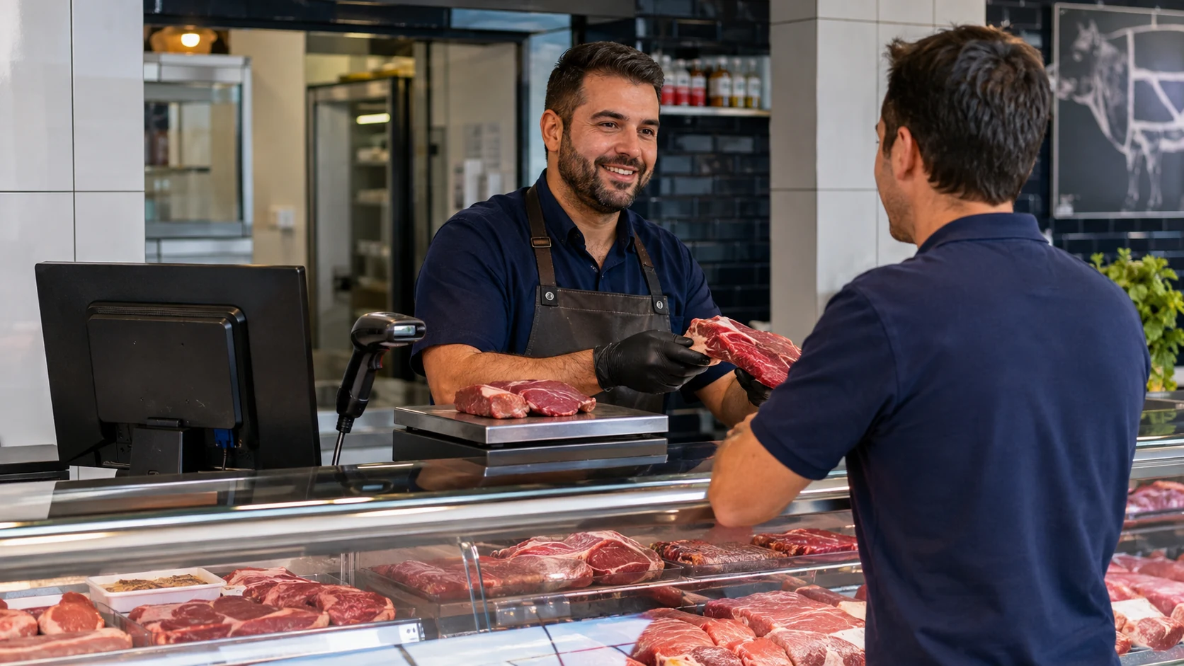 Açougue moderno atendendo cliente com balança e leitor